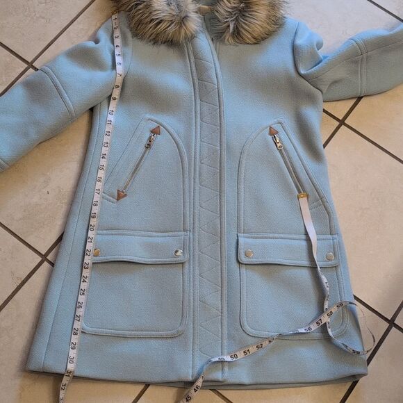 J. Crew Chateau Parka Coat Italian Stadium Cloth Wool Fur Hood Light Blue 4 - Picture 5 of 16